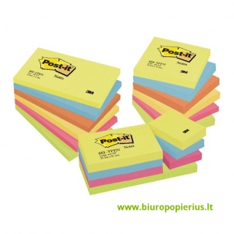  Lipnūs lapeliai POST-IT Energetic colours, 38 x 51 mm, įvairūs ryškūs atspalviai, 12 vnt./pak.