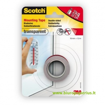  Dvipusė skaidri montavimo juostelė Scotch® TRANSPARENT, 19 mm x 1,5 m