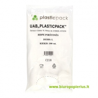  Polietileno pirštinės PLASTICPACK, HDPE, L dydis, 100 vnt.