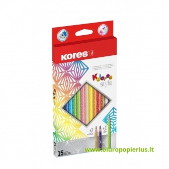  Spalvoti pieštukai KORES KOLORES STYLE, tribriauniai, 3mm, 15 spalvų (2 metalizuotos spalvos ir 1 neoninė)