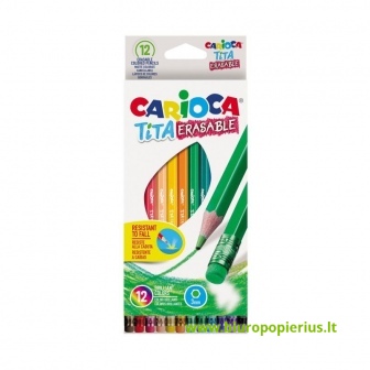  Spalvoti pieštukai CARIOCA TITA, ištrinami su trintuku, 12 spalvų